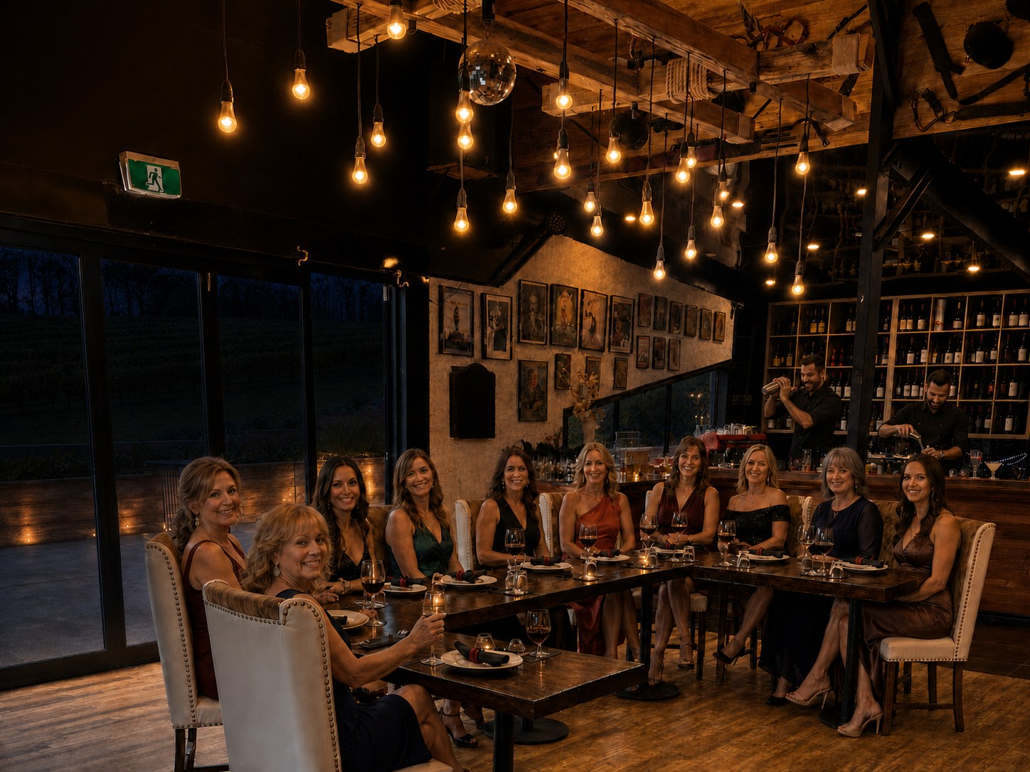 Guests enjoying a relaxed dusk wine experience while two bartenders prepare cocktails